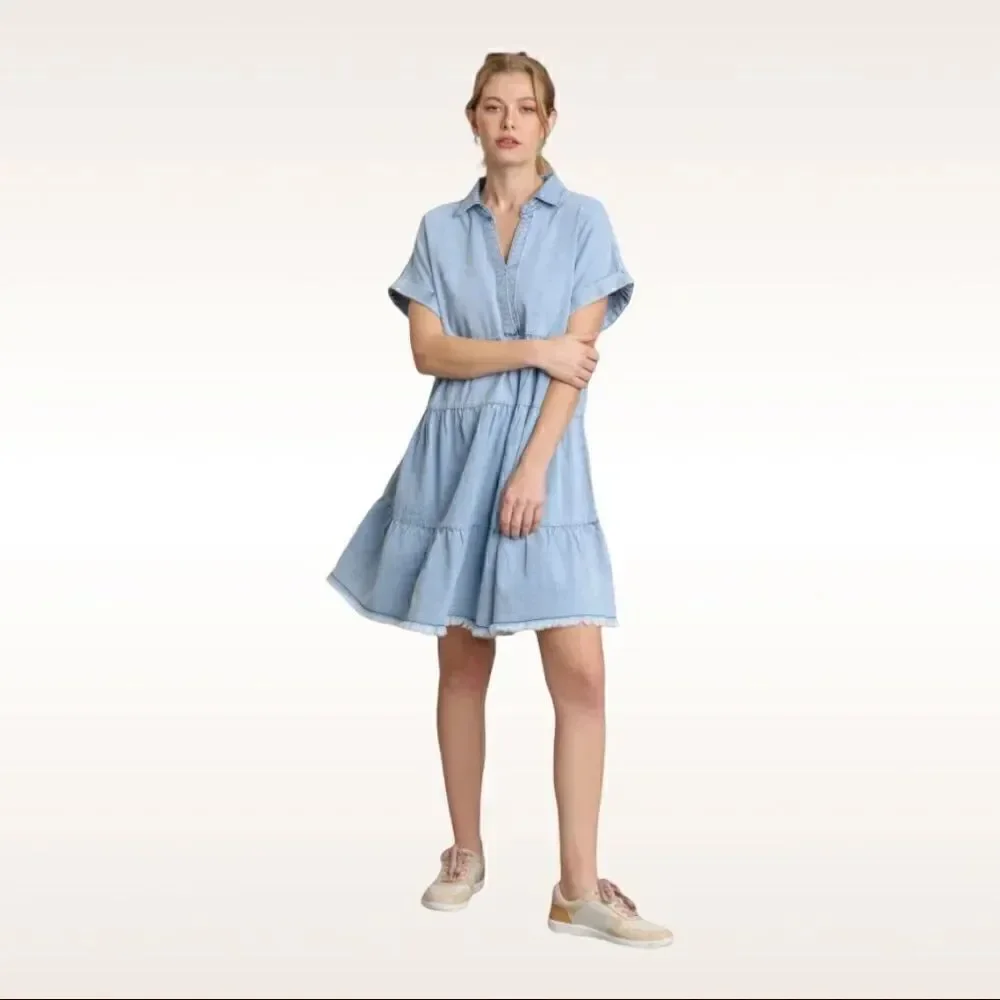 Umgee Ruffle Tiered Denim Dress with Frayed Hem NWT